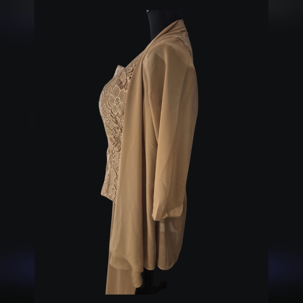 Elegant Nude Taupe Lace Corset Top Chiffon Shrug Wide Leg Pant Suit Set - Size X - Picture 5 of 6